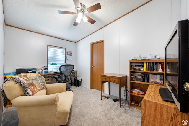10 E 200 N, La Verkin, UT 84745 - carpeted home office with lofted ceiling, ornamental molding, ceiling fan, and a textured ceiling