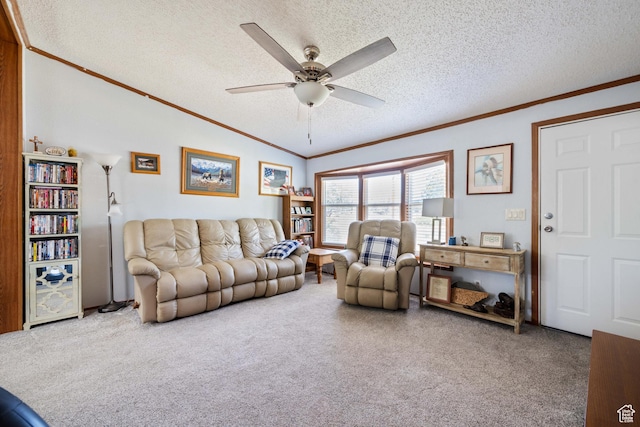 10 E 200 N, La Verkin, UT 84745 - carpeted living room with crown molding, ceiling fan, a textured ceiling, and lofted ceiling