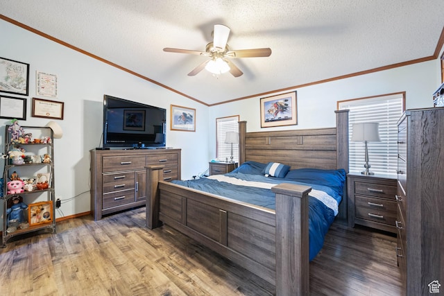 10 E 200 N, La Verkin, UT 84745 - bedroom featuring wood finished floors, a textured ceiling, ornamental molding, lofted ceiling, and a ceiling fan