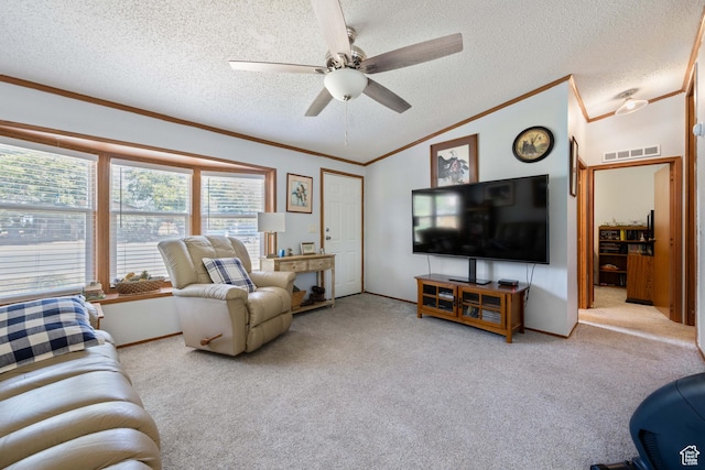 10 E 200 N, La Verkin, UT 84745 - carpeted living room with ornamental molding, ceiling fan, and a textured ceiling