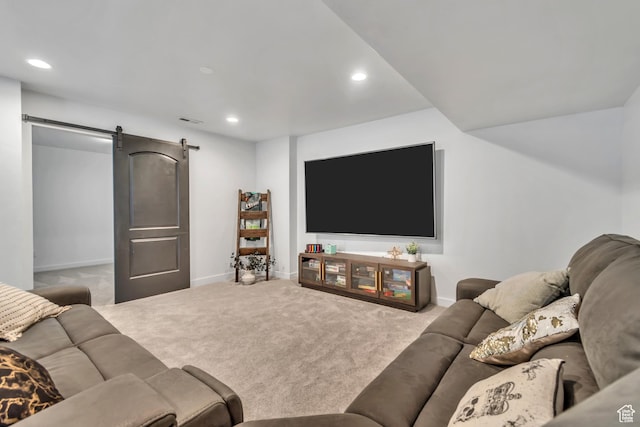 10363 S Silver Mine Rd, South Jordan, UT 84009 - living room featuring a barn door, carpet, and recessed lighting