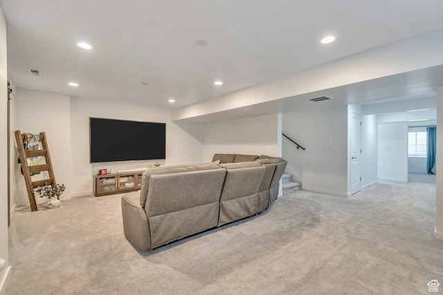 10363 S Silver Mine Rd, South Jordan, UT 84009 - living area with light carpet, recessed lighting, and stairs