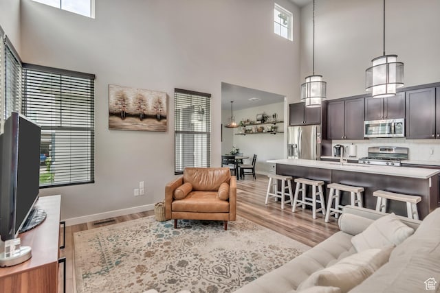10363 S Silver Mine Rd, South Jordan, UT 84009 - living room with a high ceiling and light wood-type flooring