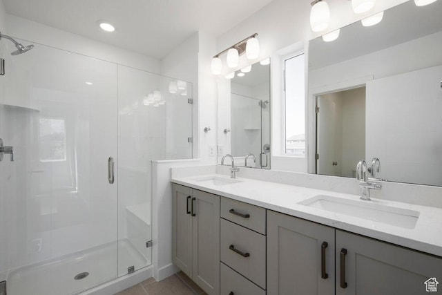 924 W Coalburn Way Unit 8-26, Murray, UT 84123 - bathroom featuring a stall shower, double vanity, tile patterned floors, and recessed lighting