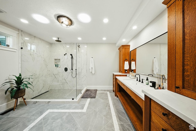 1734 E Spring Ln, Holladay, UT 84117 - full bath featuring marble finish flooring, recessed lighting, a marble finish shower, and vanity