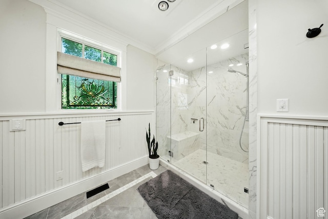 1734 E Spring Ln, Holladay, UT 84117 - full bath featuring wainscoting, ornamental molding, and a marble finish shower