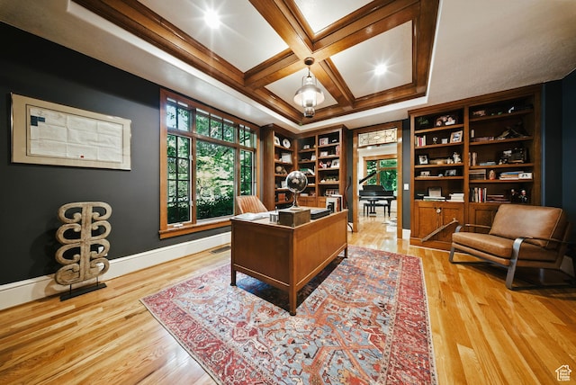 1734 E Spring Ln, Holladay, UT 84117 - office area featuring light wood-type flooring, coffered ceiling, and beam ceiling