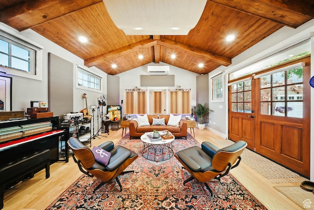 1734 E Spring Ln, Holladay, UT 84117 - sitting room with wood finished floors, an AC wall unit, wood ceiling, and recessed lighting