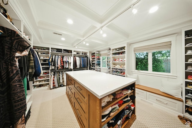 1734 E Spring Ln, Holladay, UT 84117 - walk in closet featuring carpet flooring, coffered ceiling, and beam ceiling