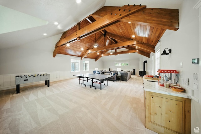 1734 E Spring Ln, Holladay, UT 84117 - game room with beam ceiling, light colored carpet, wainscoting, recessed lighting, and high vaulted ceiling