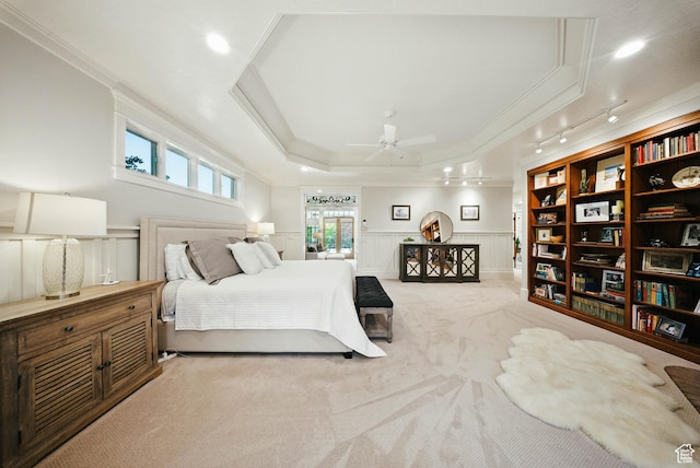 1734 E Spring Ln, Holladay, UT 84117 - bedroom with crown molding, a decorative wall, carpet flooring, a wainscoted wall, and a raised ceiling
