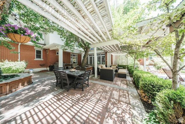 1734 E Spring Ln, Holladay, UT 84117 - view of patio / terrace featuring outdoor lounge area, outdoor dining area, a pergola, and french doors