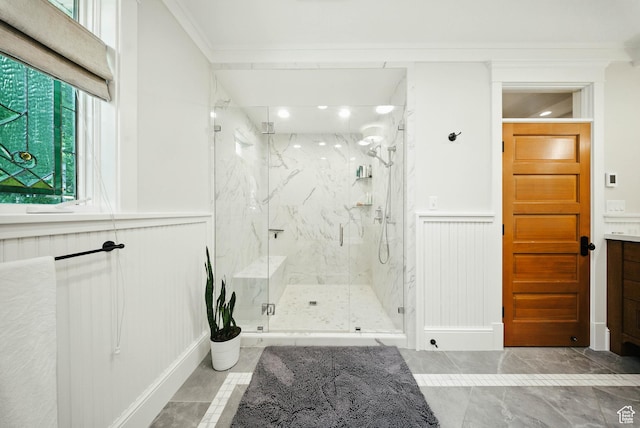 1734 E Spring Ln, Holladay, UT 84117 - full bath with crown molding, a marble finish shower, a decorative wall, marble finish floors, and vanity