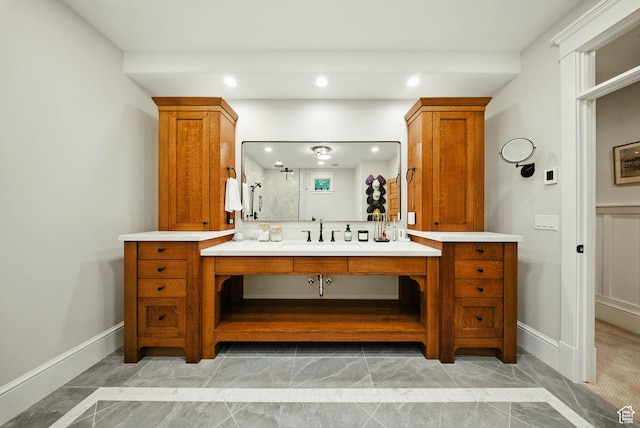 1734 E Spring Ln, Holladay, UT 84117 - full bath featuring marble finish flooring, vanity, recessed lighting, and a shower