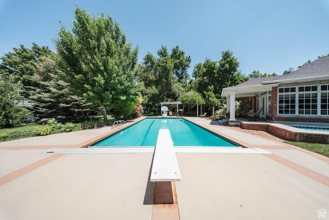 1734 E Spring Ln, Holladay, UT 84117 - swimming pool featuring a patio, a diving board, and an in-ground hot tub