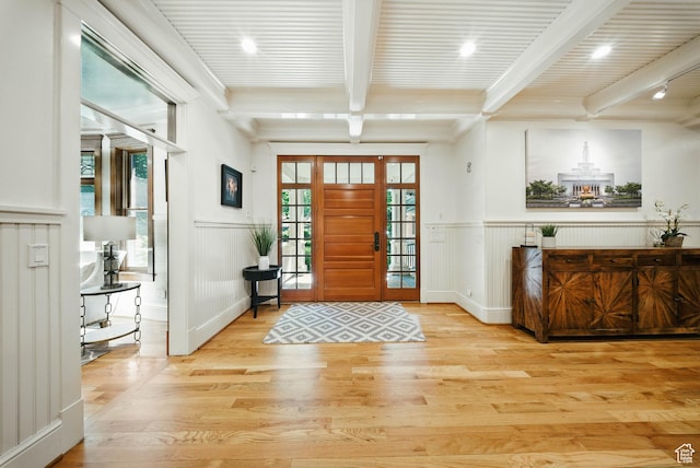 1734 E Spring Ln, Holladay, UT 84117 - entrance foyer with beam ceiling, wood finished floors, wainscoting, and a decorative wall