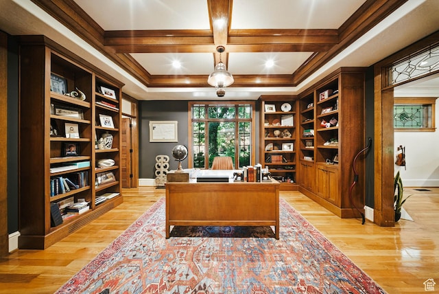 1734 E Spring Ln, Holladay, UT 84117 - office area featuring light wood finished floors, coffered ceiling, beamed ceiling, and ornamental molding