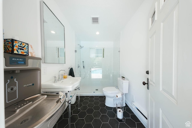 1734 E Spring Ln, Holladay, UT 84117 - full bathroom featuring a baseboard heating unit, a shower stall, tile patterned flooring, and recessed lighting