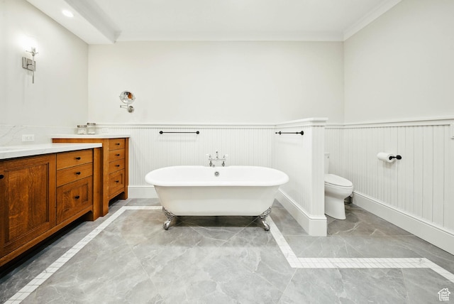 1734 E Spring Ln, Holladay, UT 84117 - full bathroom with marble finish flooring, vanity, a freestanding tub, wainscoting, and ornamental molding