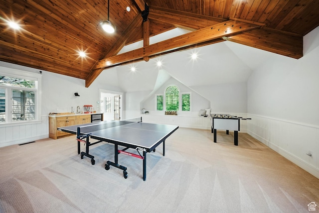 1734 E Spring Ln, Holladay, UT 84117 - game room featuring light carpet, wainscoting, wood ceiling, and healthy amount of natural light