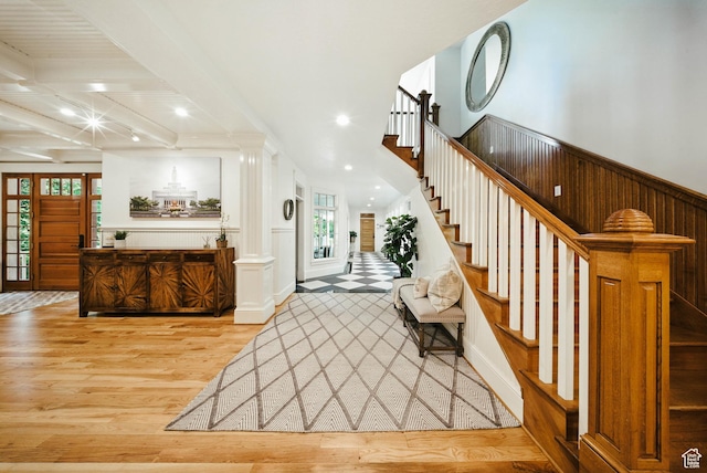 1734 E Spring Ln, Holladay, UT 84117 - entryway with light wood-style flooring, stairs, recessed lighting, and beam ceiling