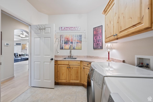 2469 W 840 N, Hurricane, UT 84737 - laundry area featuring cabinet space, independent washer and dryer, a ceiling fan, and light tile patterned flooring