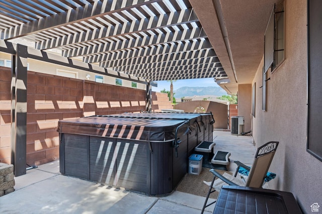 2469 W 840 N, Hurricane, UT 84737 - fenced backyard featuring a hot tub, a patio, a mountain view, and a pergola