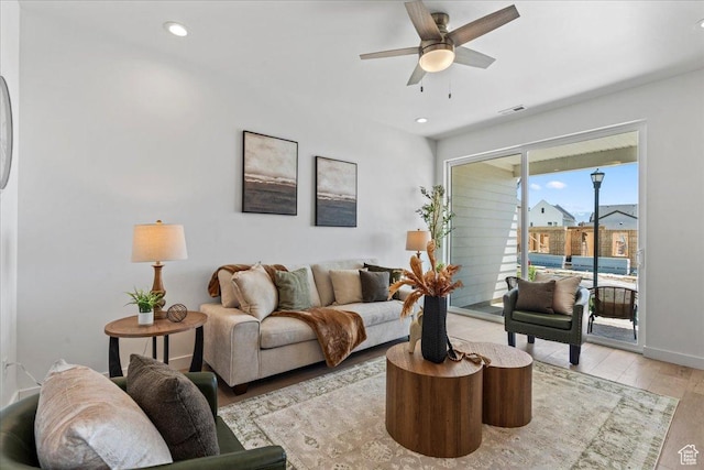 11568 S Watercourse Rd, South Jordan, UT 84009 - living area with light wood-style flooring, ceiling fan, and recessed lighting