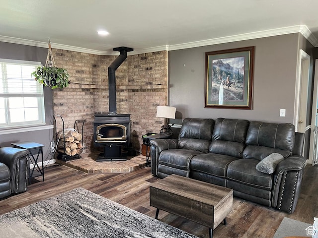 1954 S 850 W, Preston, ID 83263 - living area with a wood stove, wood finished floors, and crown molding
