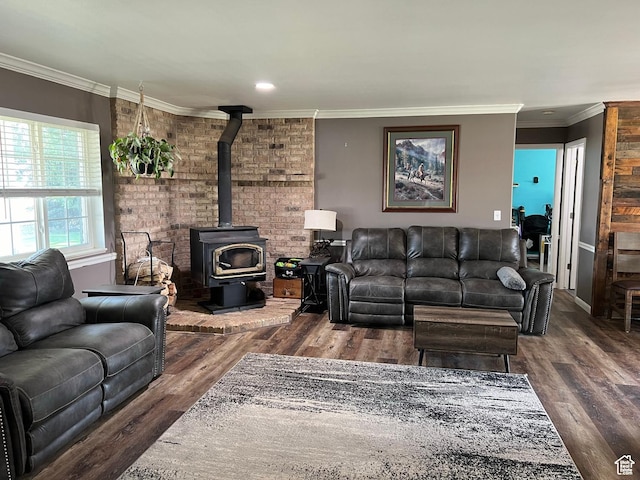 1954 S 850 W, Preston, ID 83263 - living area featuring wood finished floors, a wood stove, ornamental molding, and recessed lighting
