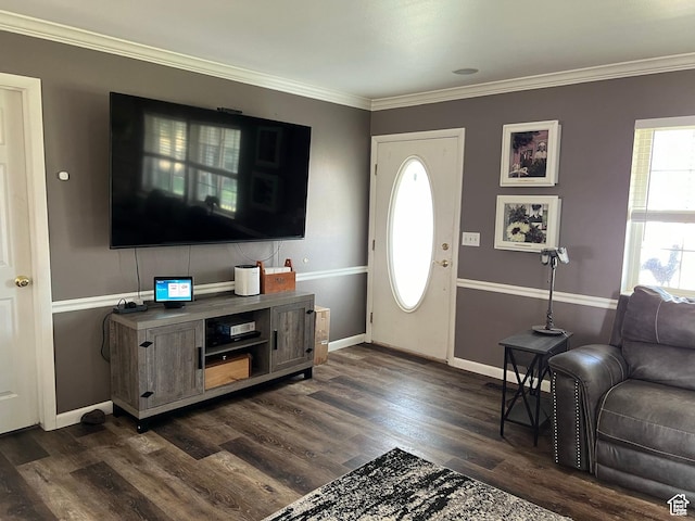 1954 S 850 W, Preston, ID 83263 - living room featuring dark wood-style floors and crown molding