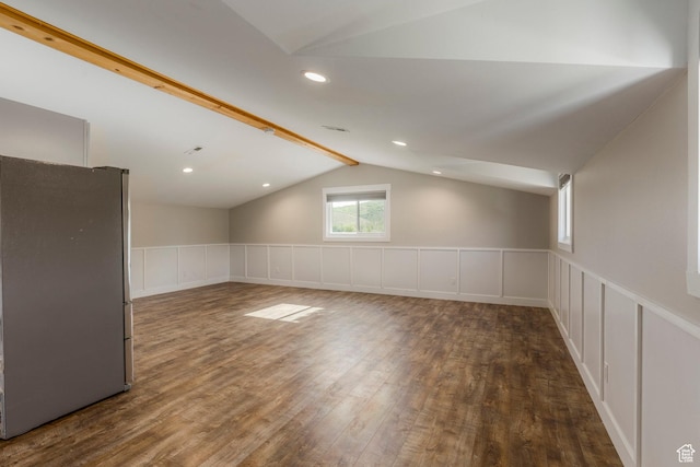 266 Old Ranch Rd W, Park City, UT 84098 - spare room with dark wood finished floors, vaulted ceiling, a decorative wall, wainscoting, and recessed lighting