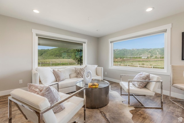 266 Old Ranch Rd W, Park City, UT 84098 - living area featuring wood finished floors, a mountain view, and recessed lighting