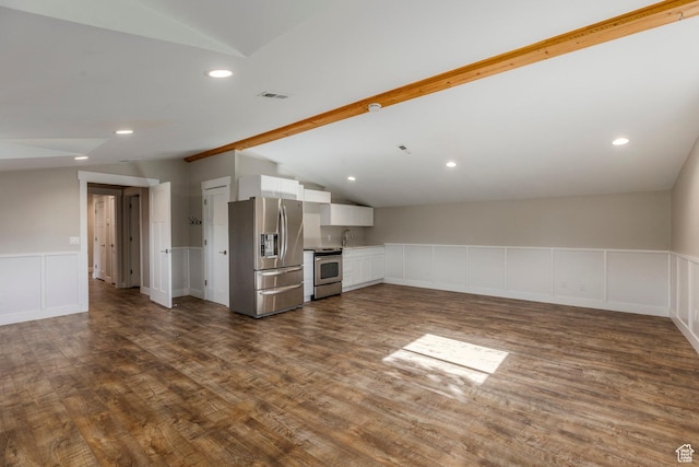 266 Old Ranch Rd W, Park City, UT 84098 - unfurnished living room with vaulted ceiling, dark wood-type flooring, a wainscoted wall, a decorative wall, and recessed lighting