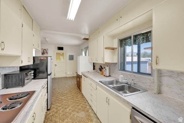 1579 S 1000 W, Salt Lake City, UT 84104 - kitchen featuring decorative backsplash, light countertops, stainless steel appliances, open shelves, and light flooring