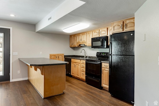 983 Mountain Willow Ln, Park City, UT 84098 - kitchen featuring black appliances, a peninsula, light brown cabinets, dark countertops, and dark wood finished floors