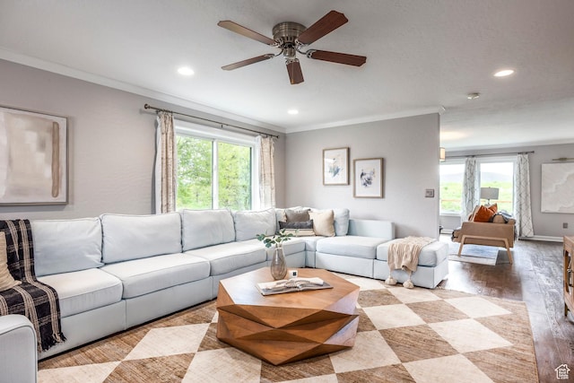 983 Mountain Willow Ln, Park City, UT 84098 - living area featuring a ceiling fan, light wood finished floors, recessed lighting, and crown molding
