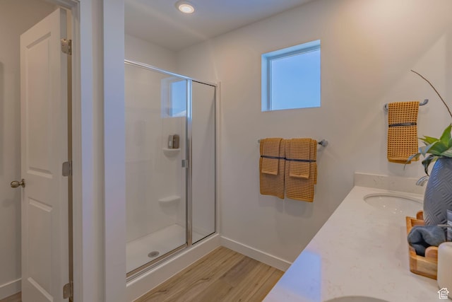 1710 N 784 W, Salem, UT 84653 - bathroom featuring a stall shower, wood finished floors, and double vanity