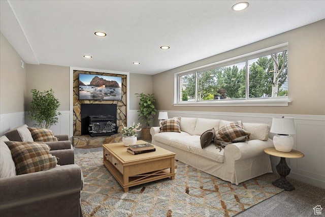 315 E 900 N, Brigham City, UT 84302 - carpeted living room with wainscoting, recessed lighting, and a fireplace