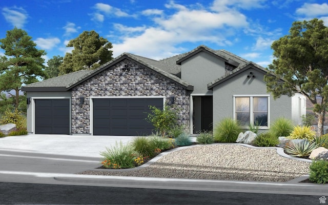 3 Rosalia Rdg, St George, UT 84770 - view of front of property featuring an attached garage, stucco siding, driveway, and stone siding