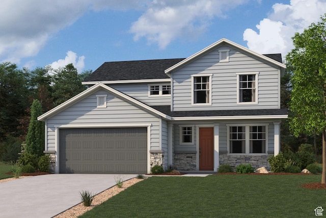 1710 N 808 W, Salem, UT 84653 - view of front facade with stone siding, driveway, roof with shingles, a front yard, and a garage