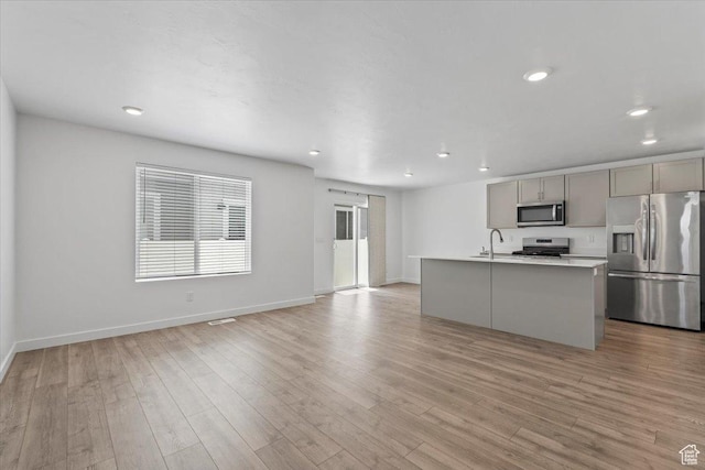 1734 E Muss Dr, Eagle Mountain, UT 84005 - kitchen featuring appliances with stainless steel finishes, gray cabinets, light countertops, light wood-style flooring, and recessed lighting