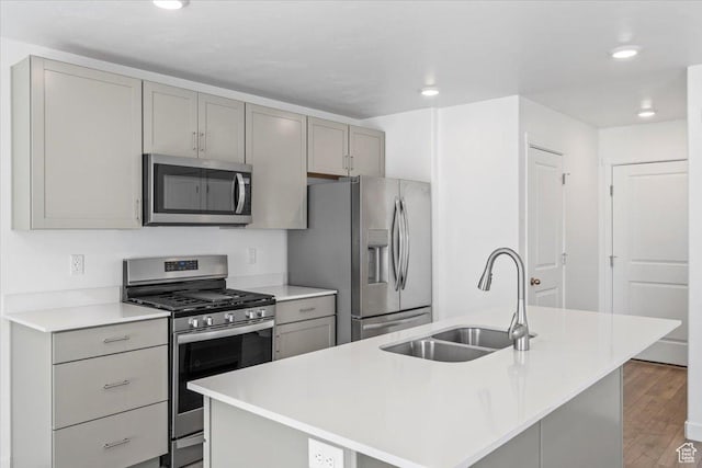 1734 E Muss Dr, Eagle Mountain, UT 84005 - kitchen featuring appliances with stainless steel finishes, gray cabinetry, recessed lighting, light wood-type flooring, and a kitchen island with sink
