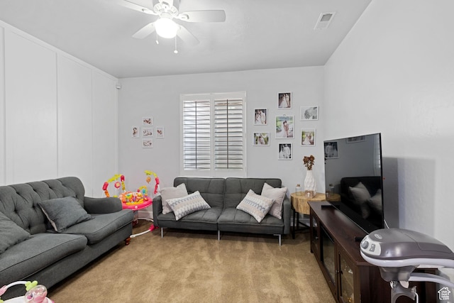 6923 W Long Ridge Dr S, Herriman, UT 84096 - living room with light colored carpet and ceiling fan