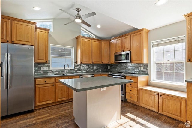2009 E Hollywood Ave, Salt Lake City, UT 84108 - kitchen with stainless steel appliances, vaulted ceiling, dark wood-type flooring, a ceiling fan, and tasteful backsplash