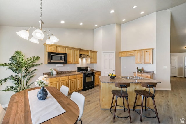 2051 E 1180 S, Spanish Fork, UT 84660 - kitchen with stainless steel microwave, black gas stove, high vaulted ceiling, a center island with sink, and exhaust hood