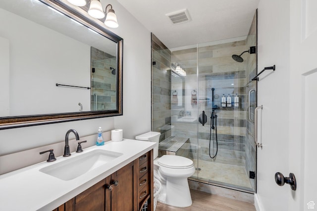 128 E 840 N, Santaquin, UT 84655 - full bathroom with vanity, a shower stall, and wood finished floors