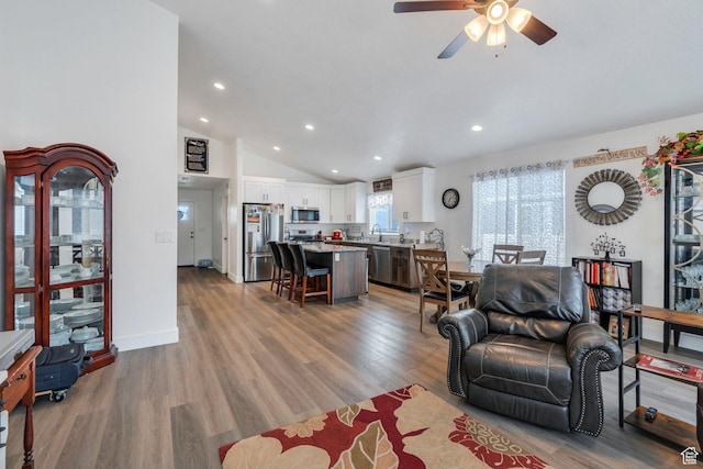 128 E 840 N, Santaquin, UT 84655 - living area featuring recessed lighting, ceiling fan, lofted ceiling, and light wood-style floors