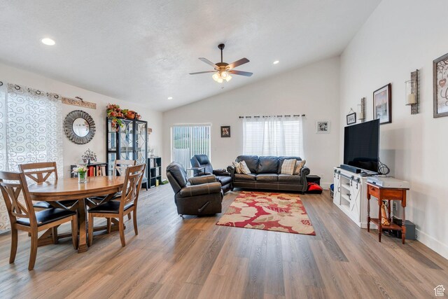 128 E 840 N, Santaquin, UT 84655 - living room with lofted ceiling, ceiling fan, light wood-style flooring, and recessed lighting