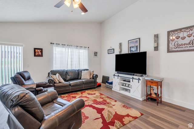 128 E 840 N, Santaquin, UT 84655 - living room featuring ceiling fan, wood finished floors, and lofted ceiling